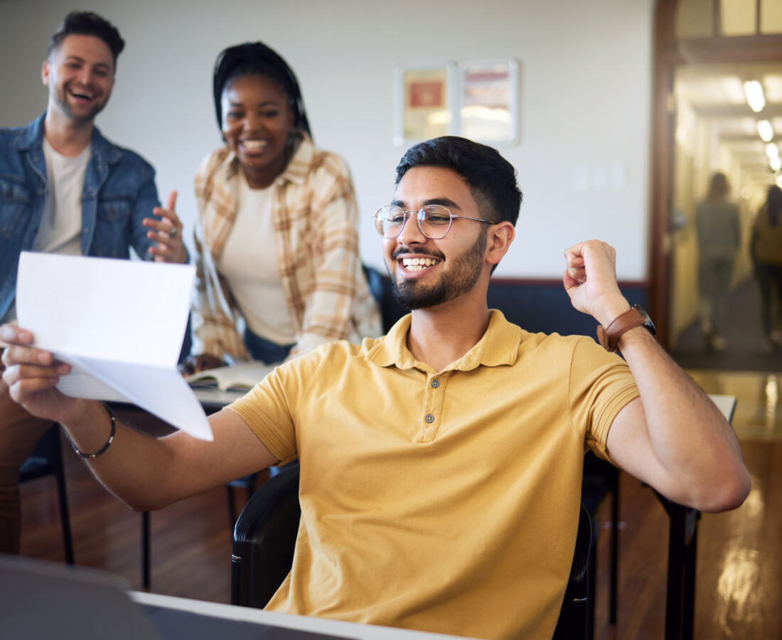 Success, celebration and students with results after exam in university. Goal achievement, education scholarship and group of people happy with friend with paper passing test and celebrating victory.