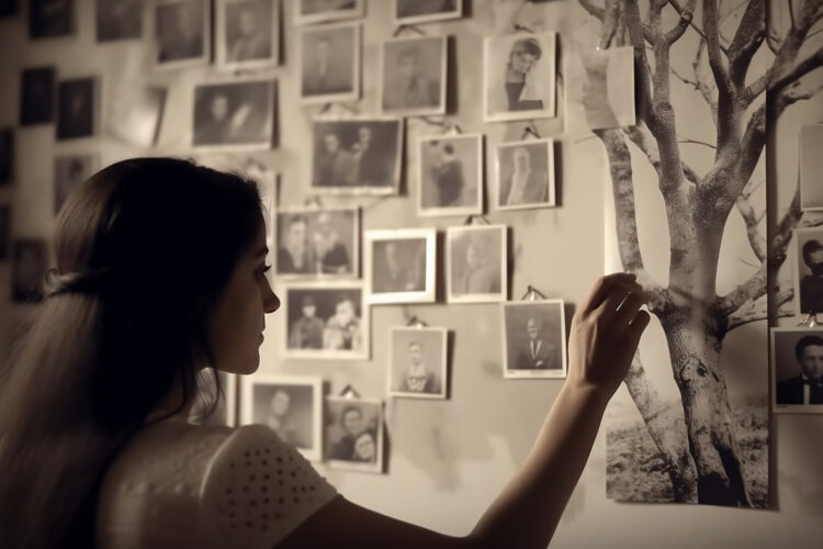 Family tree concept, dna, genes, ancestors. A woman hangs old photographs of her family on the wall. AI generated Generative AI